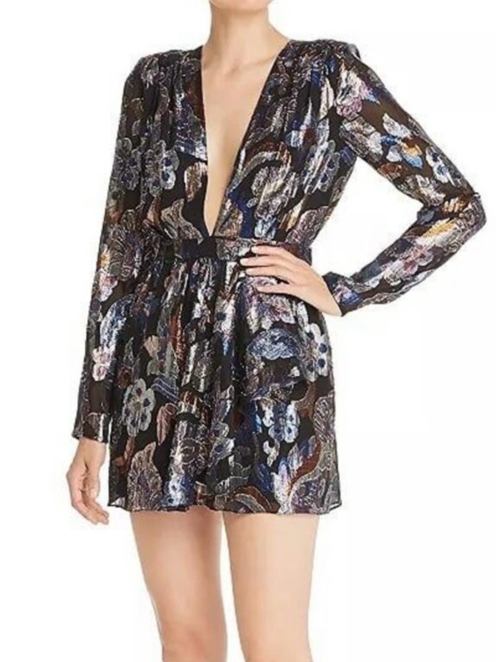 Ramy Brook Shaina Metallic Jacquard Floral Plunge Mini Dress 4 Like New